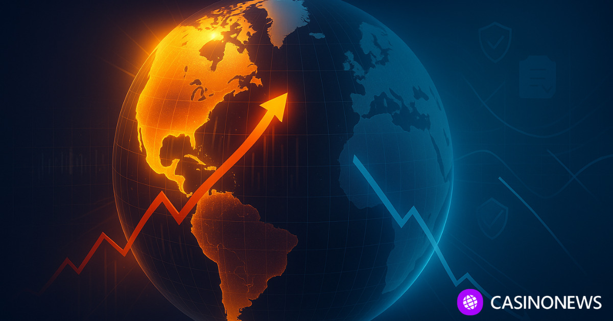 Glowing world map showing rising growth in the Americas and declining trends in Europe, symbolizing shifting global online gambling revenue.
