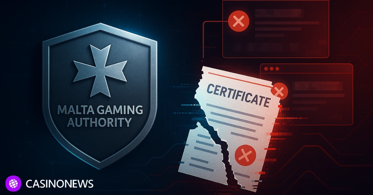 Malta Gaming Authority emblem beside a torn fake certificate and red warning symbols, representing action against unlicensed gambling sites.