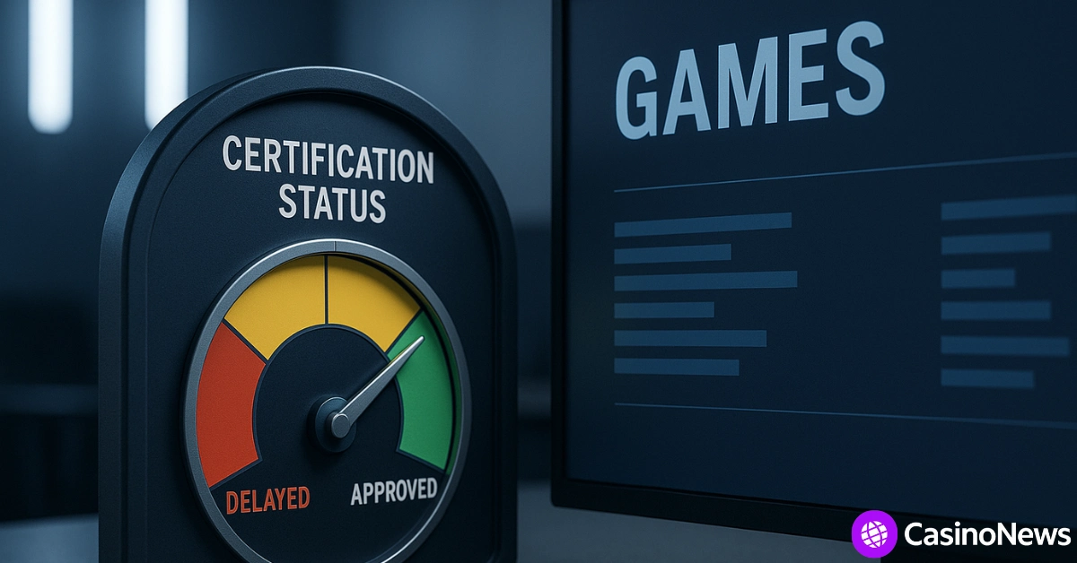 Gauge showing game certification status from delayed to approved beside a screen labeled “Games.