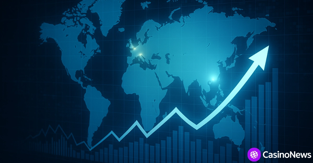 World map with rising graph arrow showing global growth trends, with bar charts in the background.