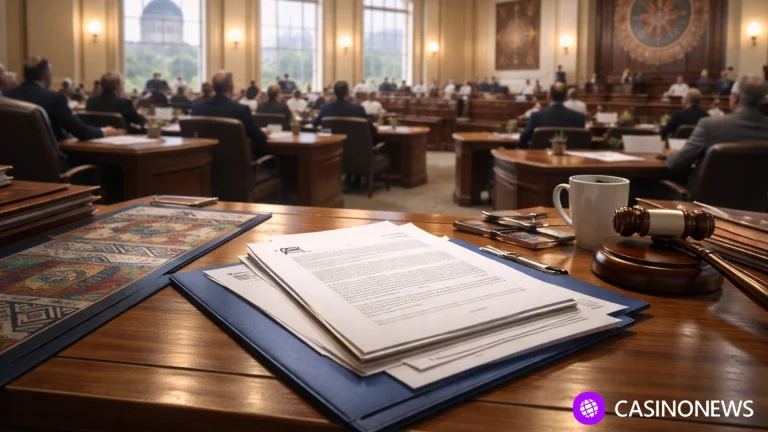 Maine legislative chamber with bill documents on a desk during debate on online casino legislation.