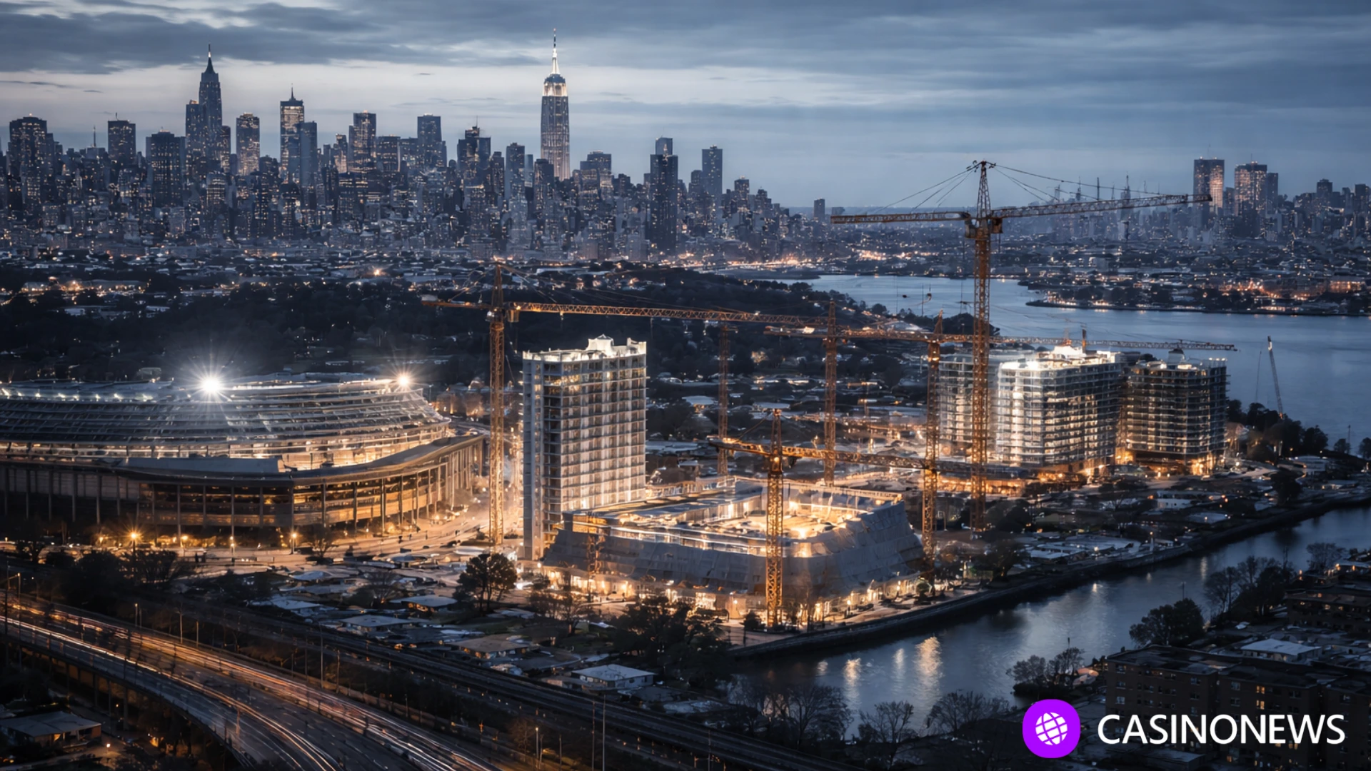Twilight view of New York City showing large casino developments under construction in Queens and the Bronx.